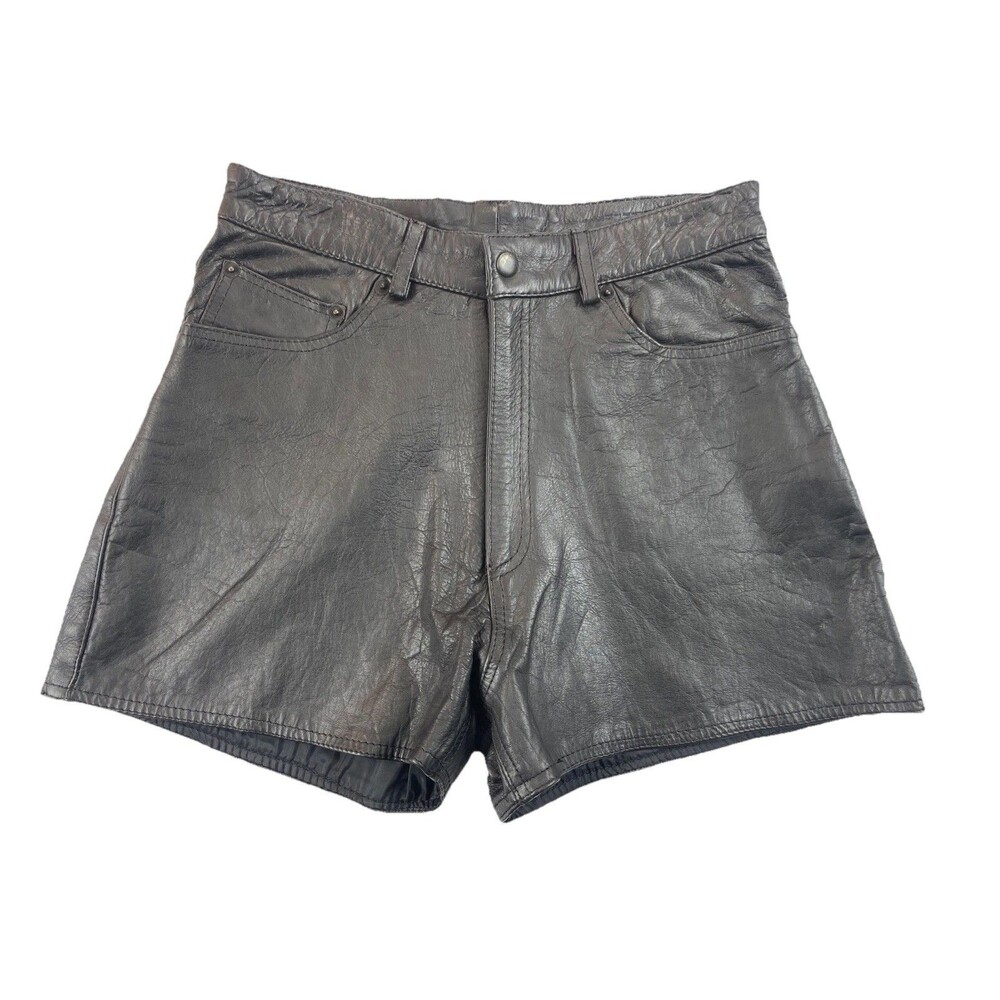 Vtg Leather Shorts Black Women's Boho Biker Grunge 80s 90s Glam Rock Waist 28”